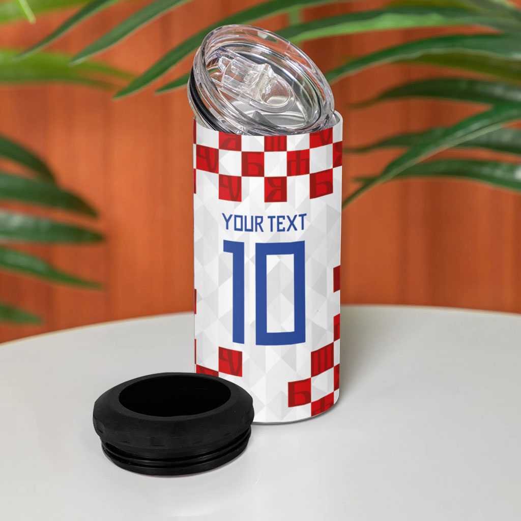 Custom Croatia National Football 4 in 1 Can Cooler Tumbler Red Checkerboard Glagolitic Script Geometric Pattern Art