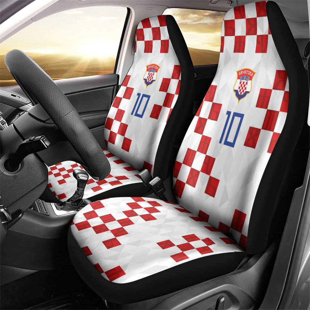 Custom Croatia National Football Car Seat Cover Red Checkerboard Glagolitic Script Geometric Pattern Art