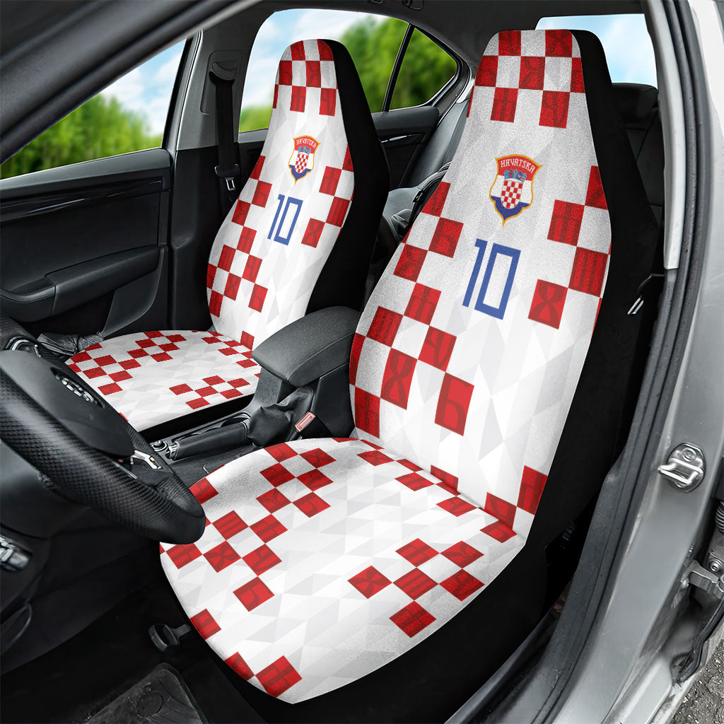 Custom Croatia National Football Car Seat Cover Red Checkerboard Glagolitic Script Geometric Pattern Art
