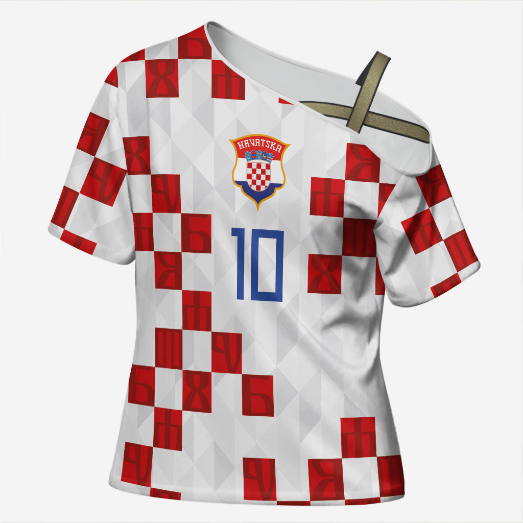 Custom Croatia National Football Cross Shoulder Shirt Red Checkerboard Glagolitic Script Geometric Pattern Art