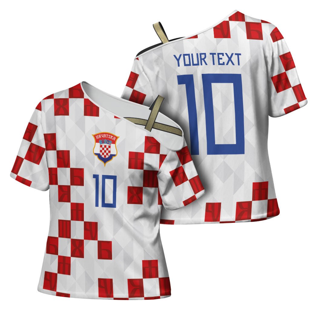 Custom Croatia National Football Cross Shoulder Shirt Red Checkerboard Glagolitic Script Geometric Pattern Art