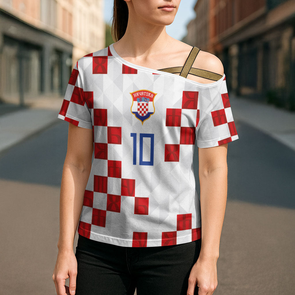 Custom Croatia National Football Cross Shoulder Shirt Red Checkerboard Glagolitic Script Geometric Pattern Art