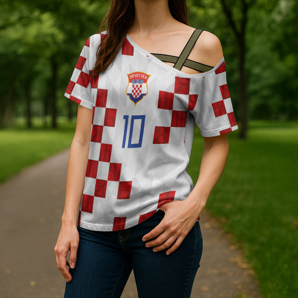 Custom Croatia National Football Cross Shoulder Shirt Red Checkerboard Glagolitic Script Geometric Pattern Art