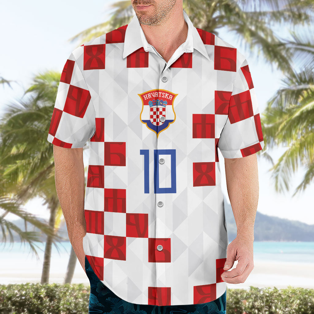 Custom Croatia National Football Hawaiian Shirt Red Checkerboard Glagolitic Script Geometric Pattern Art