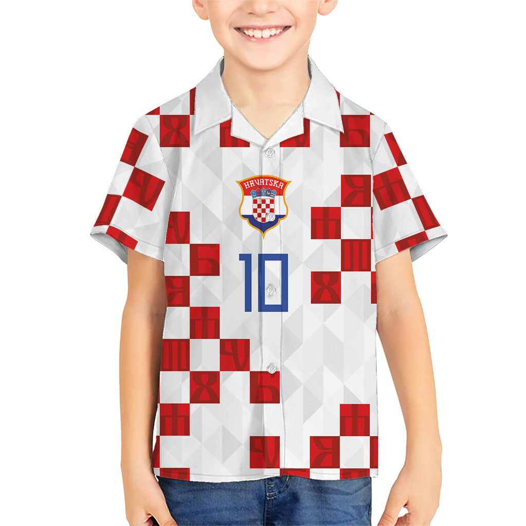 Custom Croatia National Football Kid Hawaiian Shirt Red Checkerboard Glagolitic Script Geometric Pattern Art