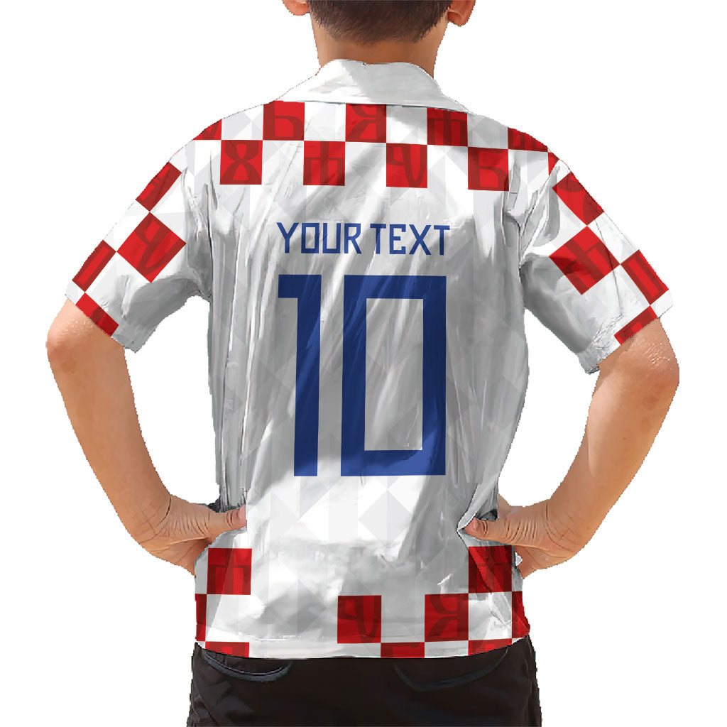 Custom Croatia National Football Kid Hawaiian Shirt Red Checkerboard Glagolitic Script Geometric Pattern Art
