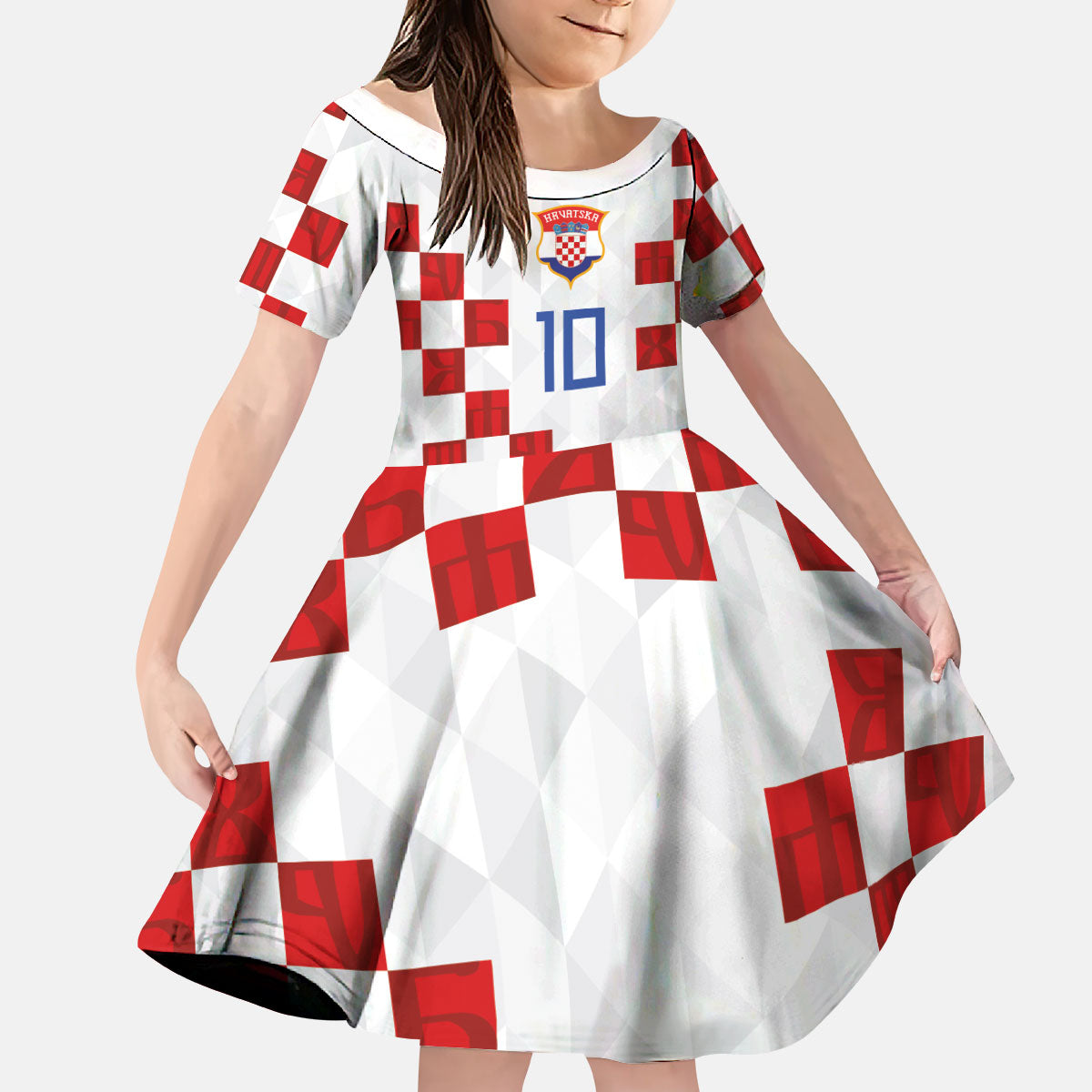 Custom Croatia National Football Kid Short Sleeve Dress Red Checkerboard Glagolitic Script Geometric Pattern Art