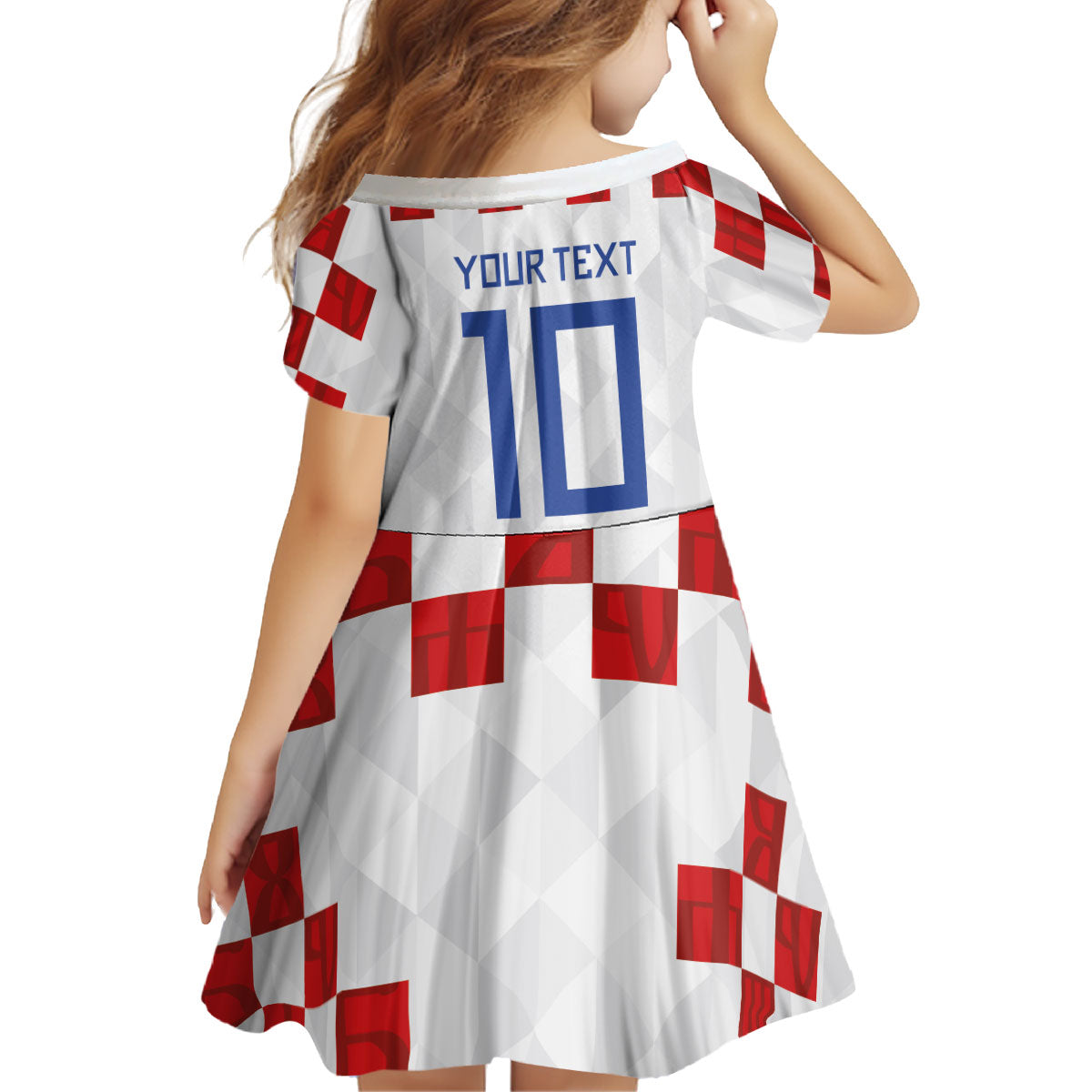 Custom Croatia National Football Kid Short Sleeve Dress Red Checkerboard Glagolitic Script Geometric Pattern Art