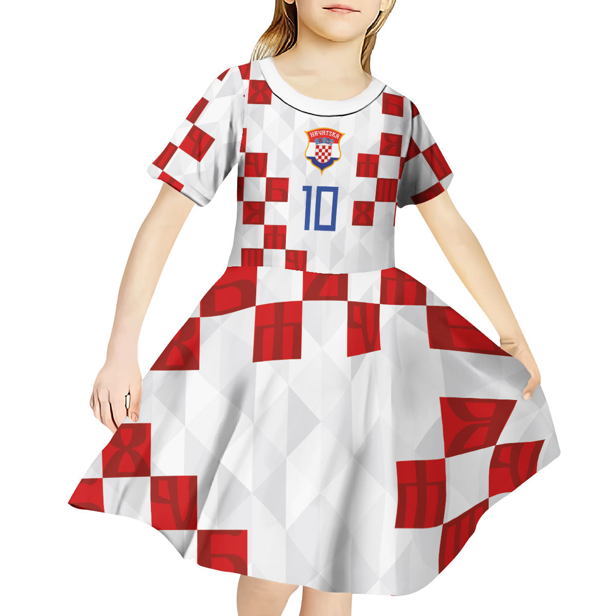 Custom Croatia National Football Kid Short Sleeve Dress Red Checkerboard Glagolitic Script Geometric Pattern Art