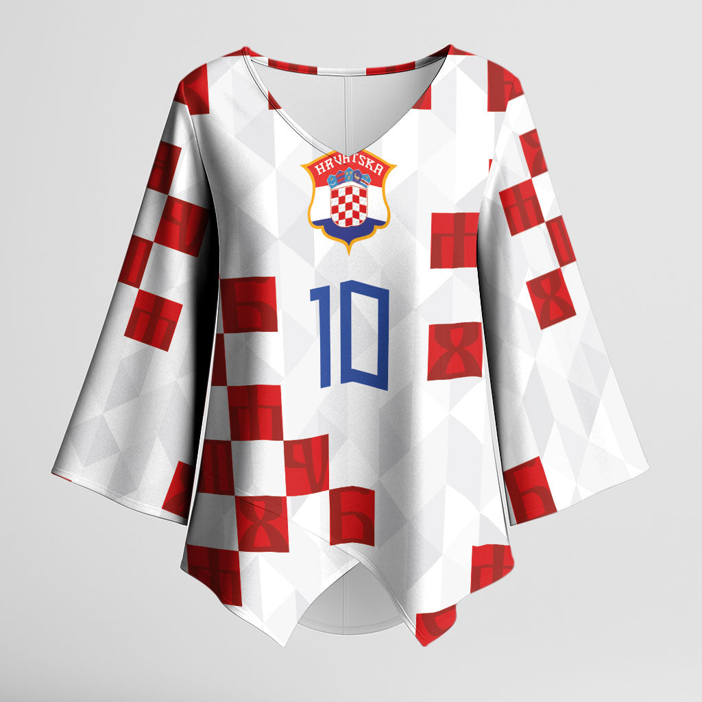 Custom Croatia National Football Kimono Sleeve Blouse Red Checkerboard Glagolitic Script Geometric Pattern Art