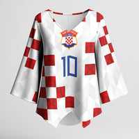 Custom Croatia National Football Kimono Sleeve Blouse Red Checkerboard Glagolitic Script Geometric Pattern Art