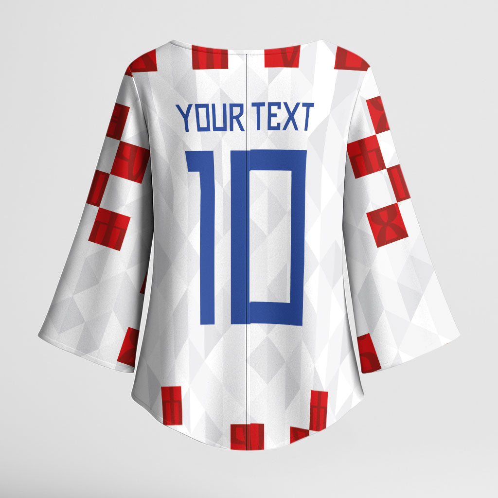 Custom Croatia National Football Kimono Sleeve Blouse Red Checkerboard Glagolitic Script Geometric Pattern Art
