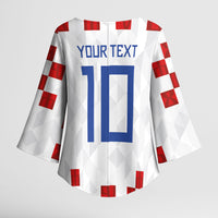 Custom Croatia National Football Kimono Sleeve Blouse Red Checkerboard Glagolitic Script Geometric Pattern Art