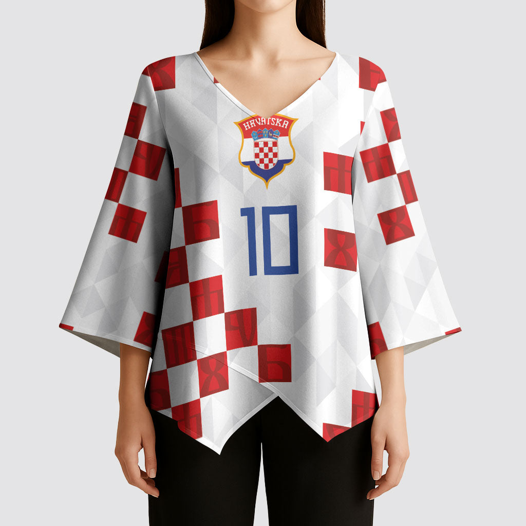 Custom Croatia National Football Kimono Sleeve Blouse Red Checkerboard Glagolitic Script Geometric Pattern Art