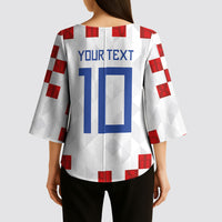 Custom Croatia National Football Kimono Sleeve Blouse Red Checkerboard Glagolitic Script Geometric Pattern Art
