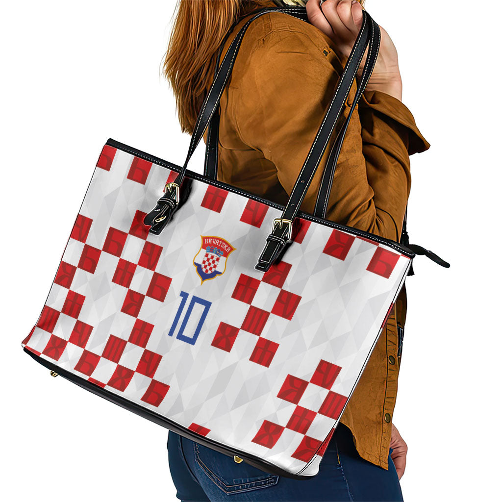 Custom Croatia National Football Leather Tote Bag Red Checkerboard Glagolitic Script Geometric Pattern Art