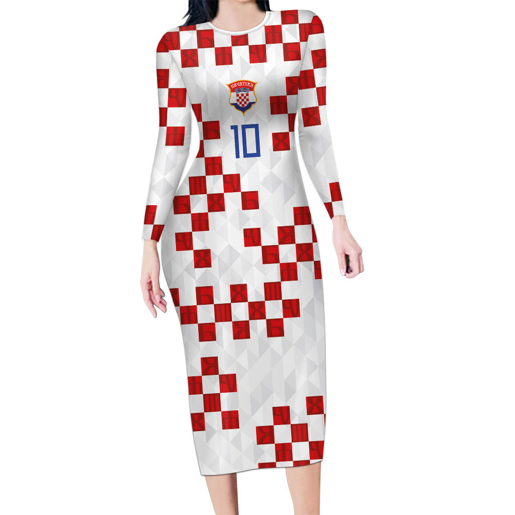 Custom Croatia National Football Long Sleeve Bodycon Dress Red Checkerboard Glagolitic Script Geometric Pattern Art