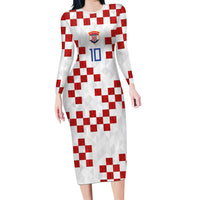 Custom Croatia National Football Long Sleeve Bodycon Dress Red Checkerboard Glagolitic Script Geometric Pattern Art