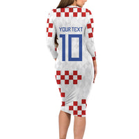 Custom Croatia National Football Long Sleeve Bodycon Dress Red Checkerboard Glagolitic Script Geometric Pattern Art