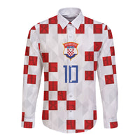 Custom Croatia National Football Long Sleeve Button Shirt Red Checkerboard Glagolitic Script Geometric Pattern Art