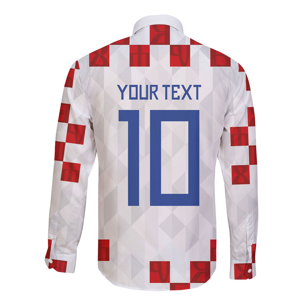 Custom Croatia National Football Long Sleeve Button Shirt Red Checkerboard Glagolitic Script Geometric Pattern Art
