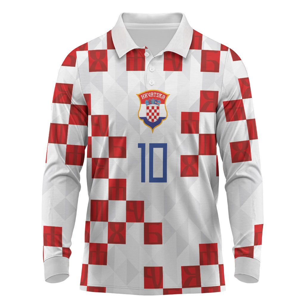 Custom Croatia National Football Long Sleeve Polo Shirt Red Checkerboard Glagolitic Script Geometric Pattern Art