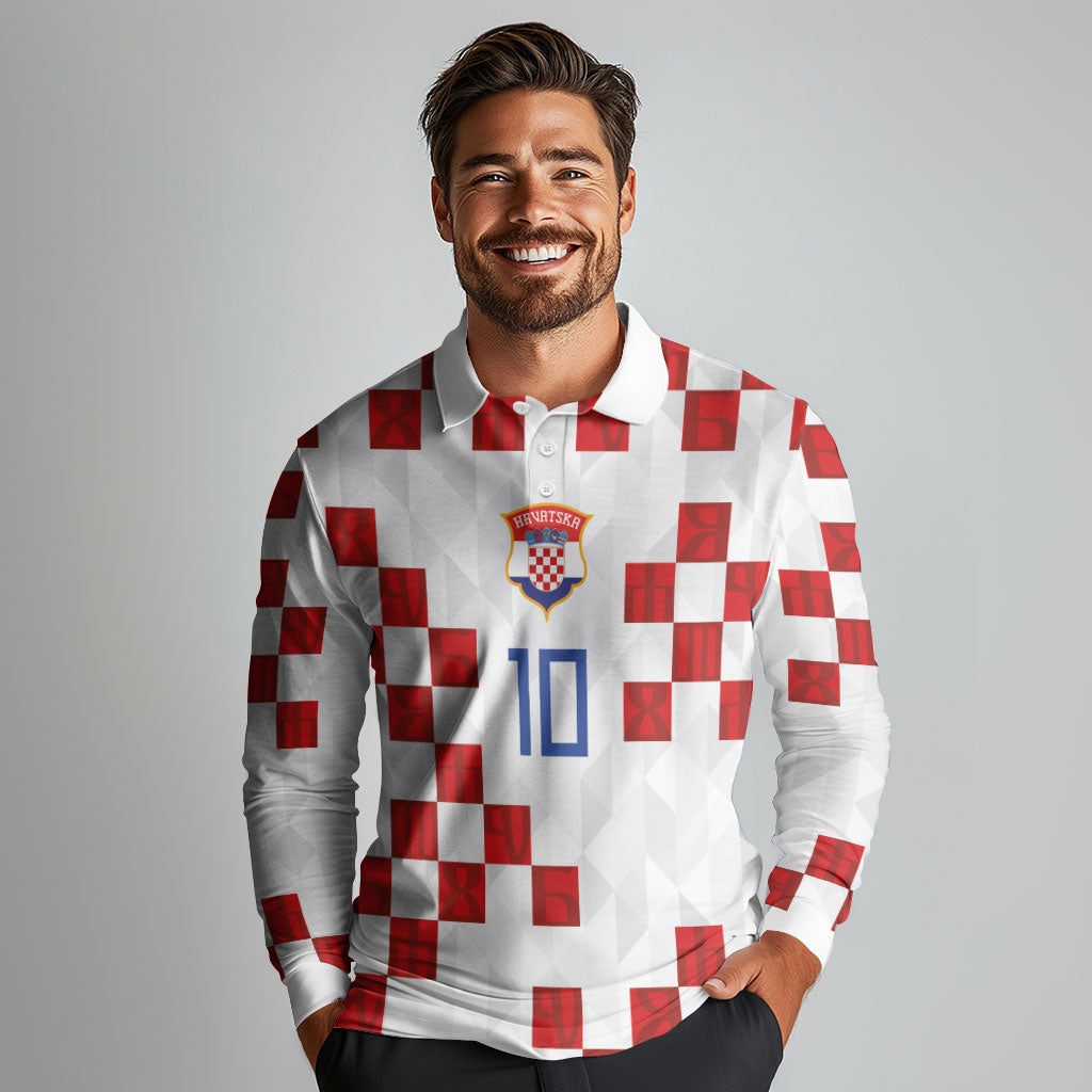 Custom Croatia National Football Long Sleeve Polo Shirt Red Checkerboard Glagolitic Script Geometric Pattern Art