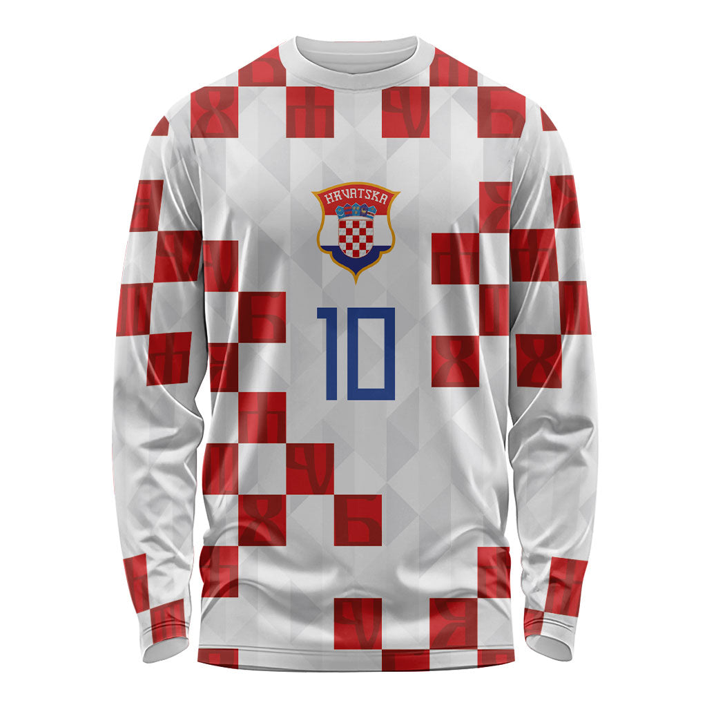 Custom Croatia National Football Long Sleeve Shirt Red Checkerboard Glagolitic Script Geometric Pattern Art