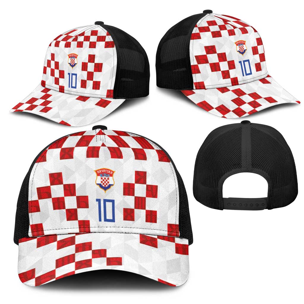 Custom Croatia National Football Mesh Trucker Cap Red Checkerboard Glagolitic Script Geometric Pattern Art