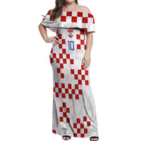 Custom Croatia National Football Off Shoulder Maxi Dress Red Checkerboard Glagolitic Script Geometric Pattern Art
