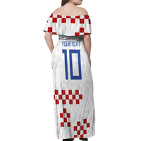 Custom Croatia National Football Off Shoulder Maxi Dress Red Checkerboard Glagolitic Script Geometric Pattern Art
