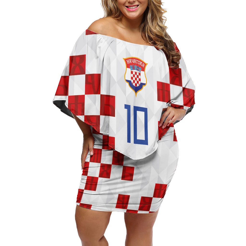 Custom Croatia National Football Off Shoulder Short Dress Red Checkerboard Glagolitic Script Geometric Pattern Art