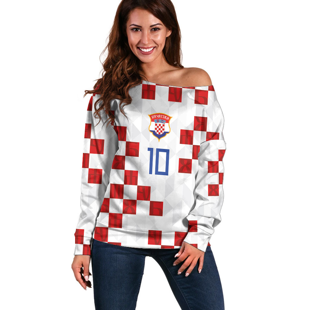 Custom Croatia National Football Off Shoulder Sweater Red Checkerboard Glagolitic Script Geometric Pattern Art
