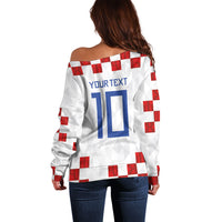 Custom Croatia National Football Off Shoulder Sweater Red Checkerboard Glagolitic Script Geometric Pattern Art