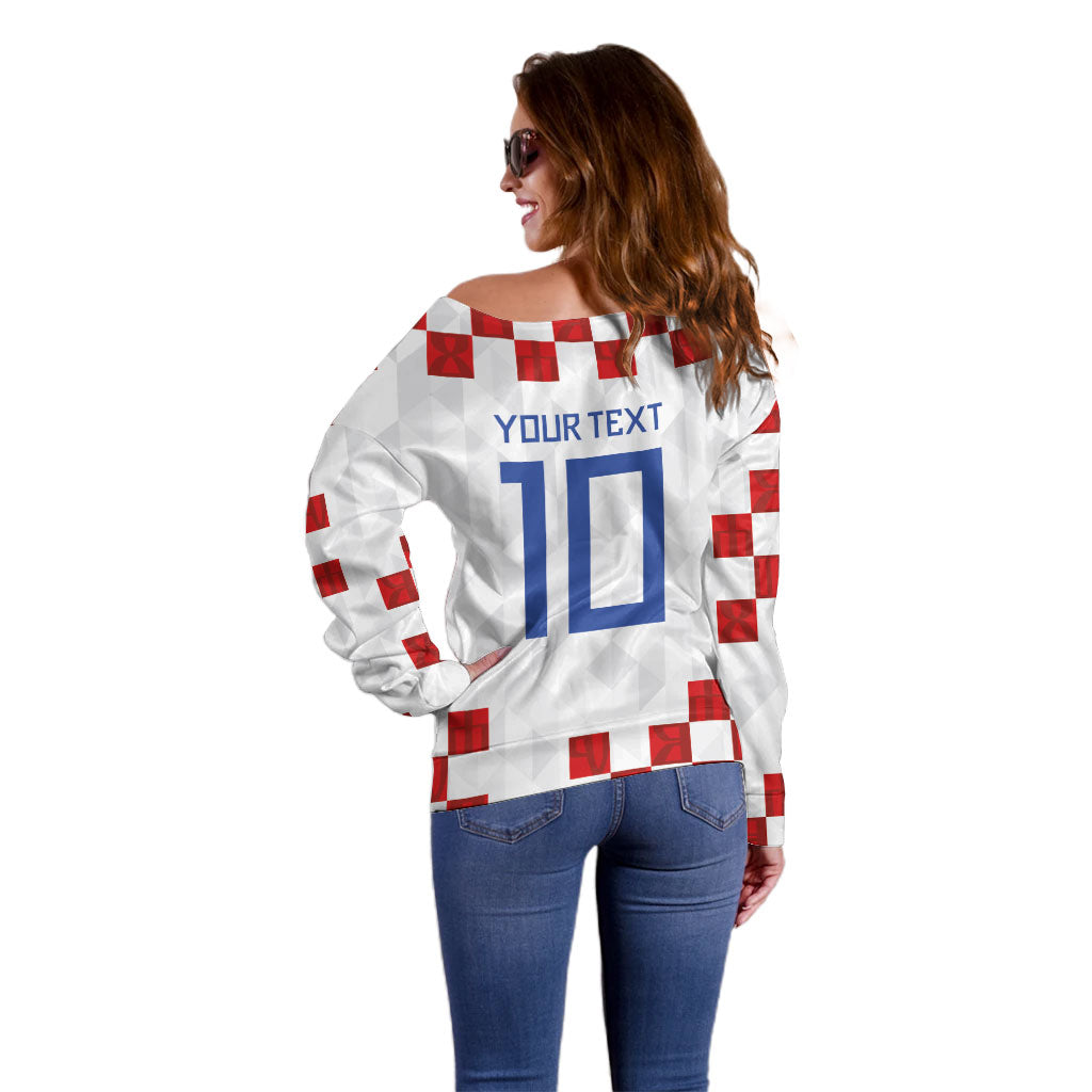 Custom Croatia National Football Off Shoulder Sweater Red Checkerboard Glagolitic Script Geometric Pattern Art