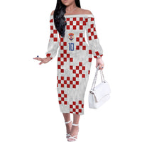 Custom Croatia National Football Off The Shoulder Long Sleeve Dress Red Checkerboard Glagolitic Script Geometric Pattern Art
