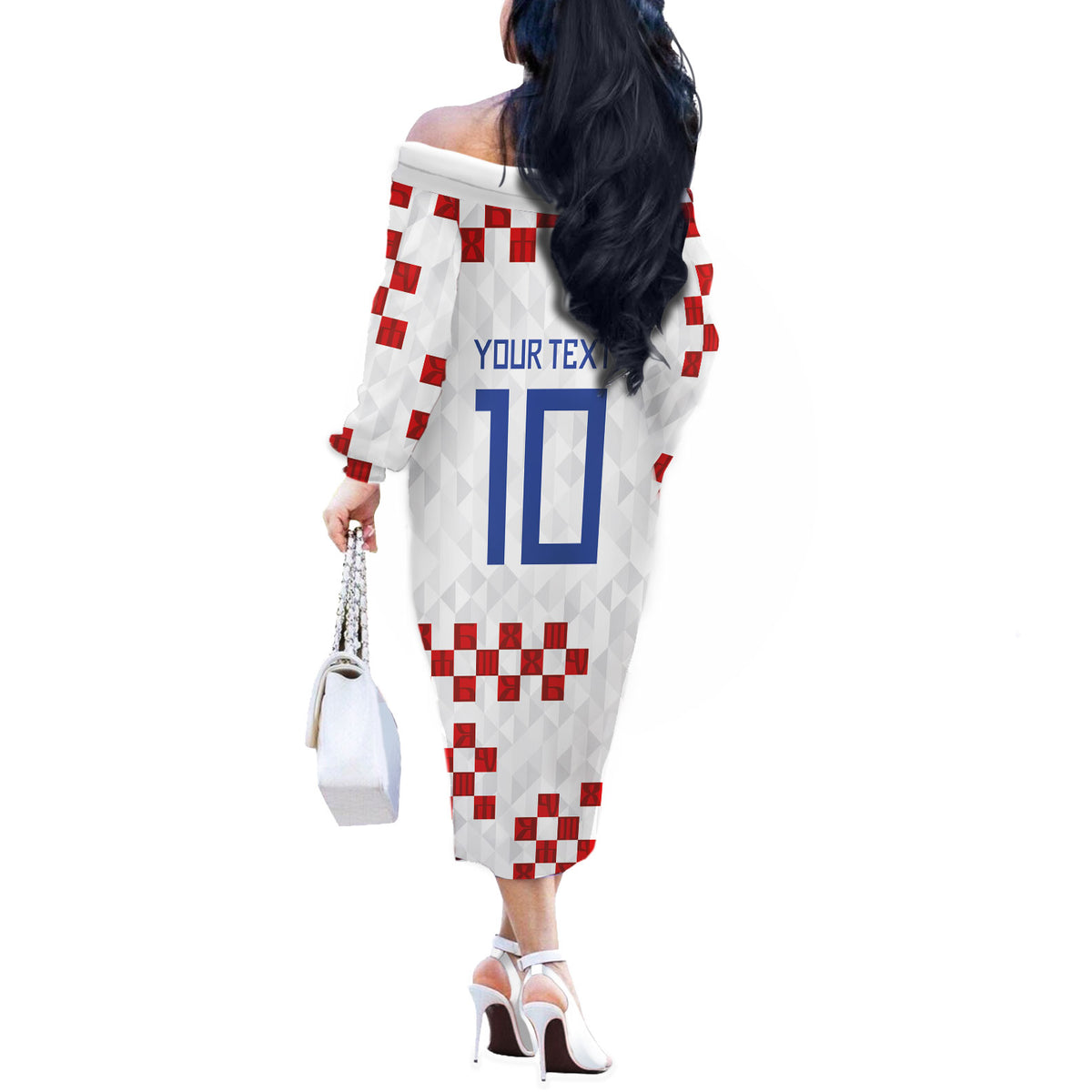 Custom Croatia National Football Off The Shoulder Long Sleeve Dress Red Checkerboard Glagolitic Script Geometric Pattern Art