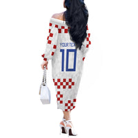 Custom Croatia National Football Off The Shoulder Long Sleeve Dress Red Checkerboard Glagolitic Script Geometric Pattern Art