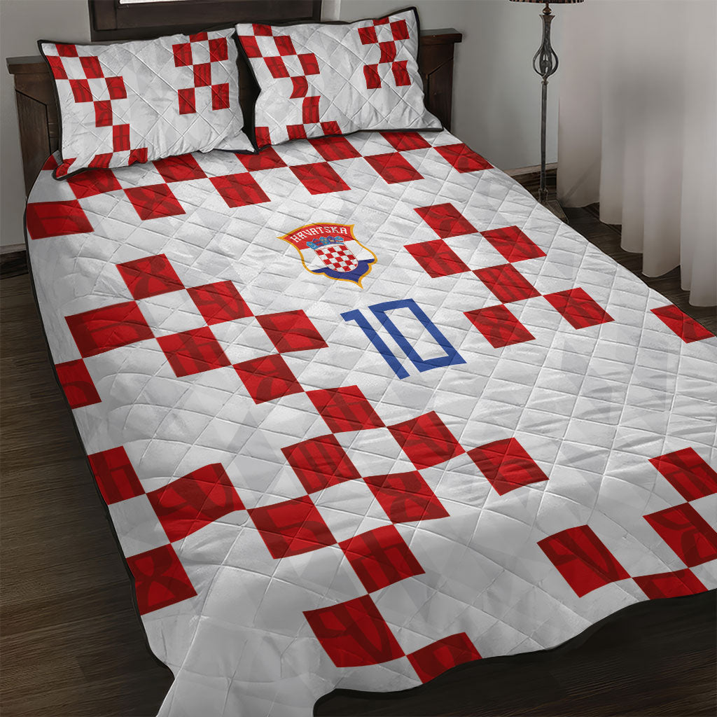 Custom Croatia National Football Quilt Bed Set Red Checkerboard Glagolitic Script Geometric Pattern Art