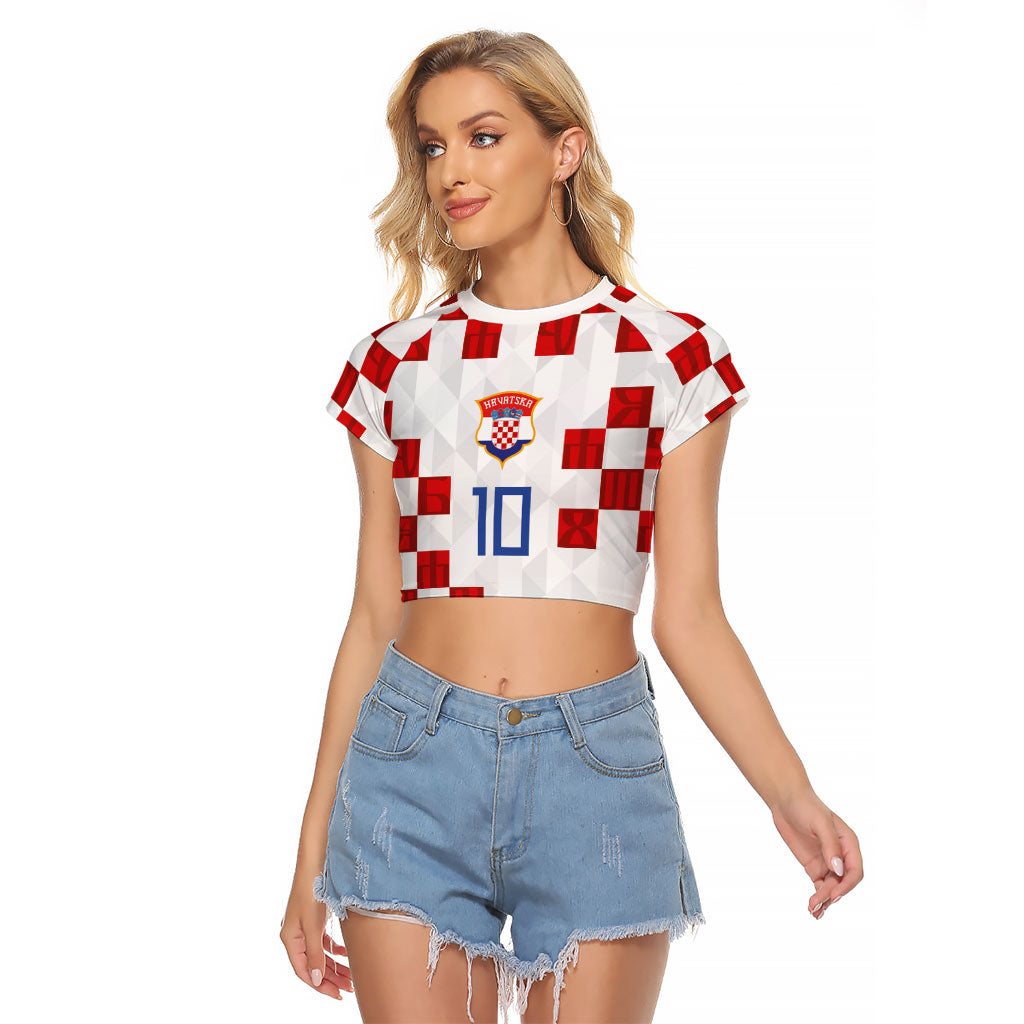 Custom Croatia National Football Raglan Cropped T Shirt Red Checkerboard Glagolitic Script Geometric Pattern Art