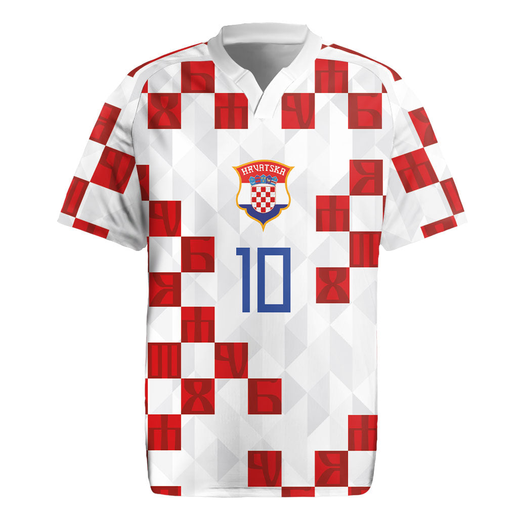 Custom Croatia National Football Rugby Jersey Red Checkerboard Glagolitic Script Geometric Pattern Art