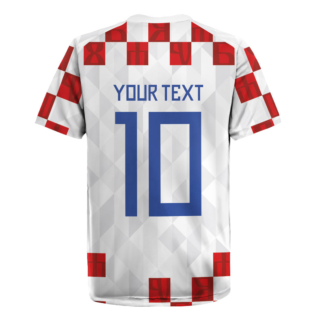 Custom Croatia National Football Rugby Jersey Red Checkerboard Glagolitic Script Geometric Pattern Art