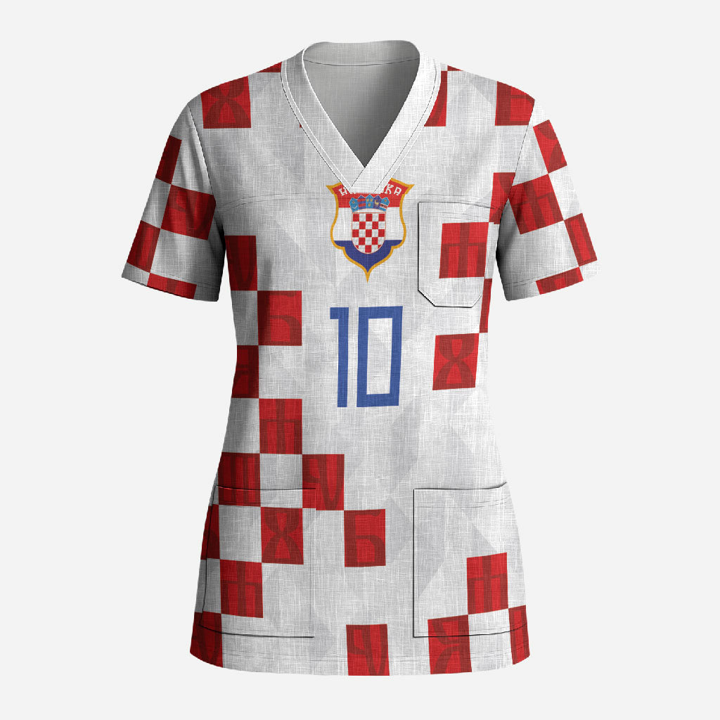 Custom Croatia National Football Scrub Top Red Checkerboard Glagolitic Script Geometric Pattern Art