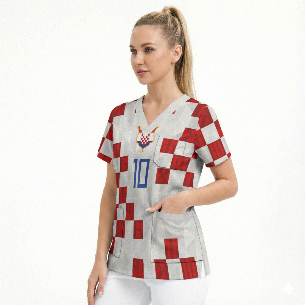 Custom Croatia National Football Scrub Top Red Checkerboard Glagolitic Script Geometric Pattern Art