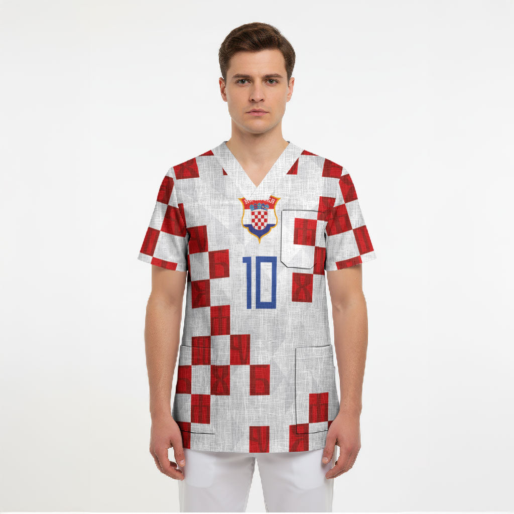 Custom Croatia National Football Scrub Top Red Checkerboard Glagolitic Script Geometric Pattern Art