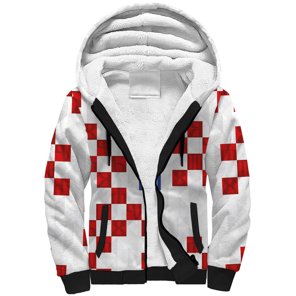 Custom Croatia National Football Sherpa Hoodie Red Checkerboard Glagolitic Script Geometric Pattern Art
