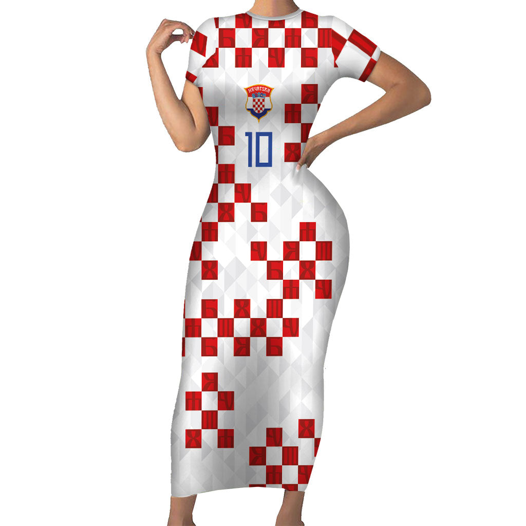 Custom Croatia National Football Short Sleeve Bodycon Dress Red Checkerboard Glagolitic Script Geometric Pattern Art