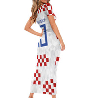 Custom Croatia National Football Short Sleeve Bodycon Dress Red Checkerboard Glagolitic Script Geometric Pattern Art