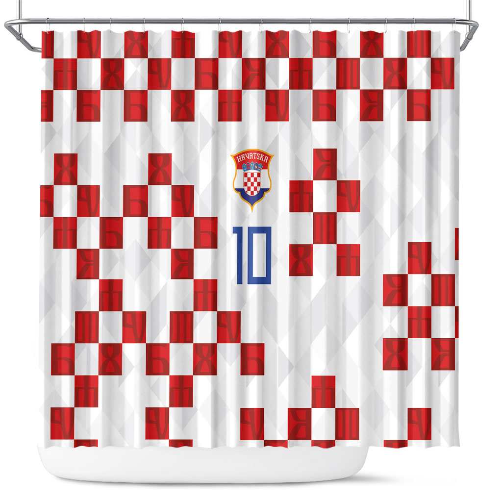 Custom Croatia National Football Shower Curtain Red Checkerboard Glagolitic Script Geometric Pattern Art