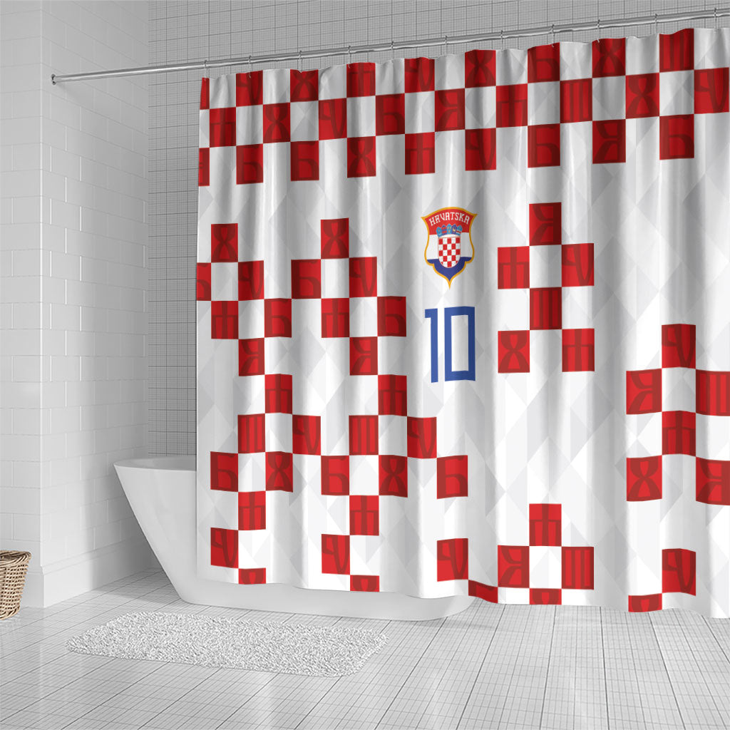 Custom Croatia National Football Shower Curtain Red Checkerboard Glagolitic Script Geometric Pattern Art